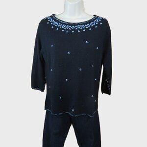 Designers Original Sweater Black Beaded Accents 3/4 Sleeve Soft Size Petite Sm